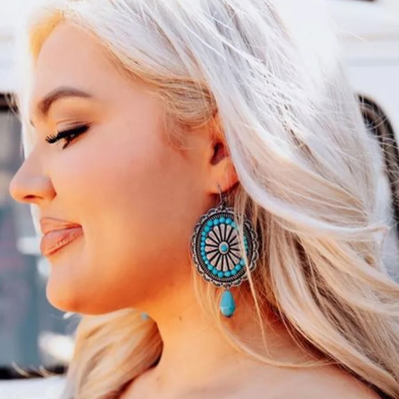 Western Teardrop Earrings. Cowgirl Cowboy Tibetan Dangle Blue Beads Oval Flower - Picture 3 of 10